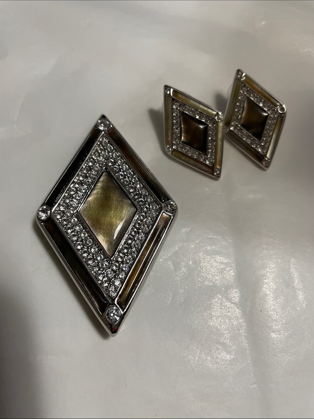 Vintage Butler Mother of Pearl Rhinestone Brooch/Pendent & Matching Earrings